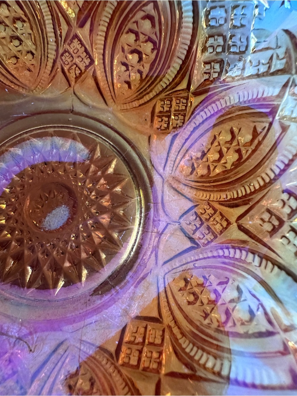 Iridescent Coral/Orange Glass Dish, possibly Carnival, Early 1900s
